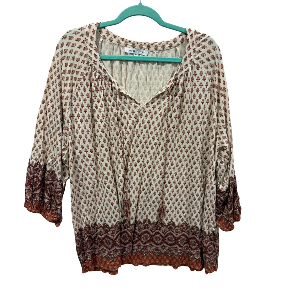 Rose + Olive Womens 3X Peasant Blouse Rust Block Print Boho Tassel V-Neck Top